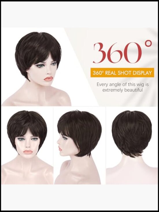 Pixie Cut Wig Short Brown Layered Synthetic Hair with Bangs Glueless Heat main image 5